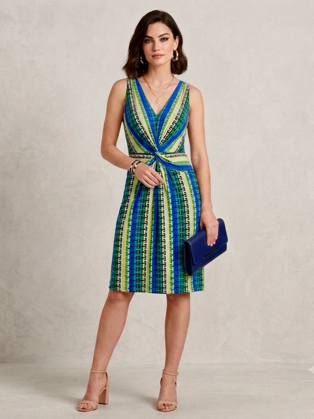 LAUNDRY by Shelli Segal Size 8 Blue Geometric Twist Knot Dress Lined Resortwear